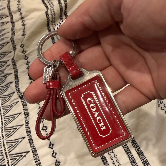 Coach Red Leather Key Fob hangtag designer silver keychain women’s ribbon - Picture 3 of 5